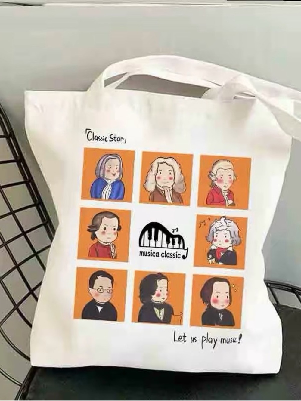 Cream Canvas Tote Bag with Orange Musical Print